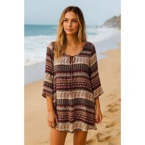 Billabong Boho Mini Paisley Stripe Dress Beachy Tunic Summer
